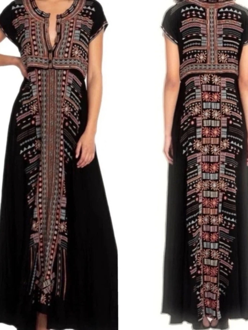 Johnny Was Effy Black Rayon Challis Heavily Embroidered Boho Maxi Dress Sz Large - Picture 2 of 9